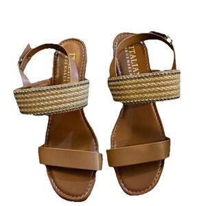 🆕Italian Shoemakers Tan/Brown Block Heel Sandal Raffia Strap W/Studded Detail 10